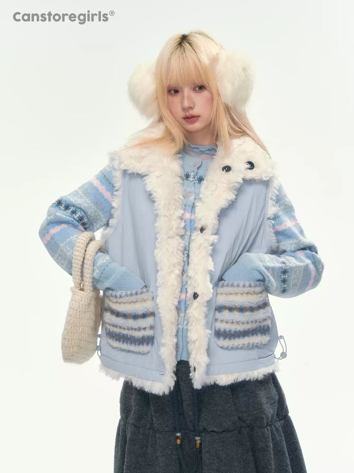 [CAN] Blue Fair Isle Cropped Wool Cardigan (100% Sheep Wool)