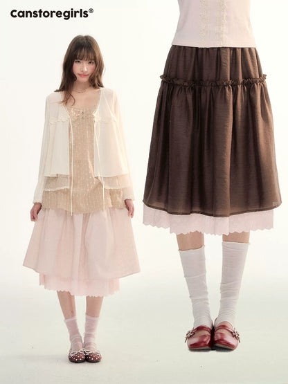 Lace Trim A-Line Elastic Waist Midi Skirt WW2026098