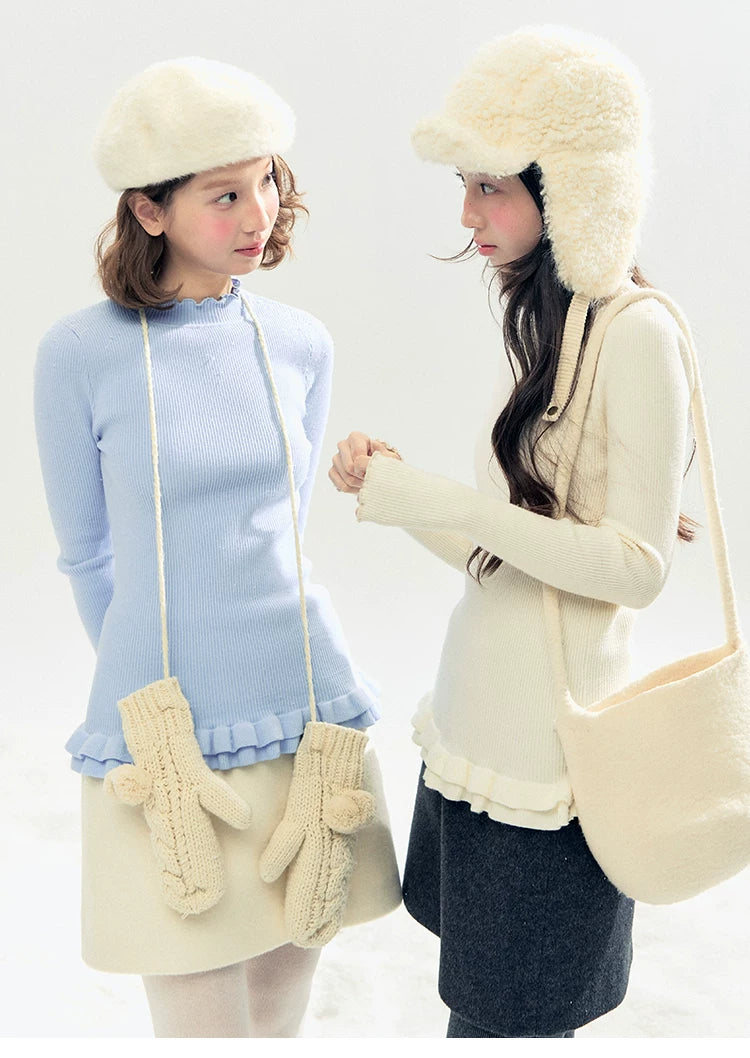 "Soft Whisper" Ruffle Mock Neck Ribbed Knit Top (Ivory/ Smoky Gray)