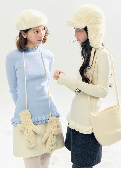 "Soft Whisper" Ruffle Mock Neck Ribbed Knit Top (Ivory/ Smoky Gray)