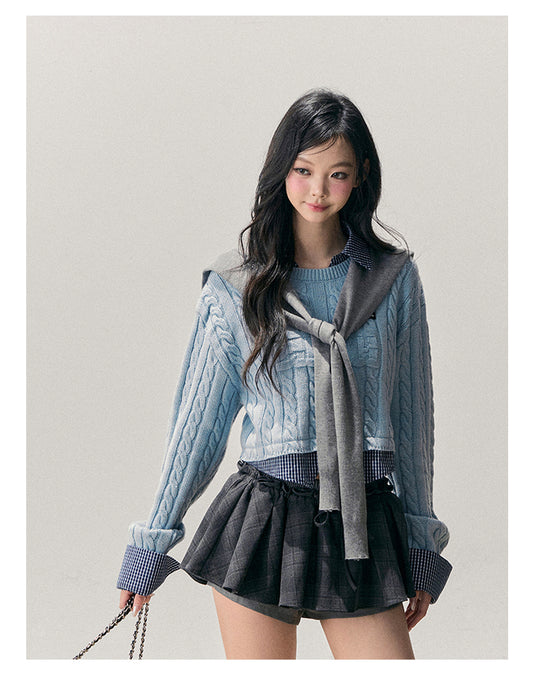 少也眼 “Falling Blue” Faux-Layered Wool Knit Sweater 658454