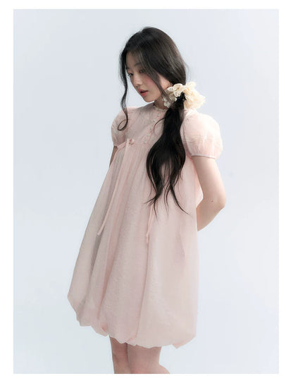 "Little Princess" Strawberry Pink Lace Bow Bubble Hem Midi Dress