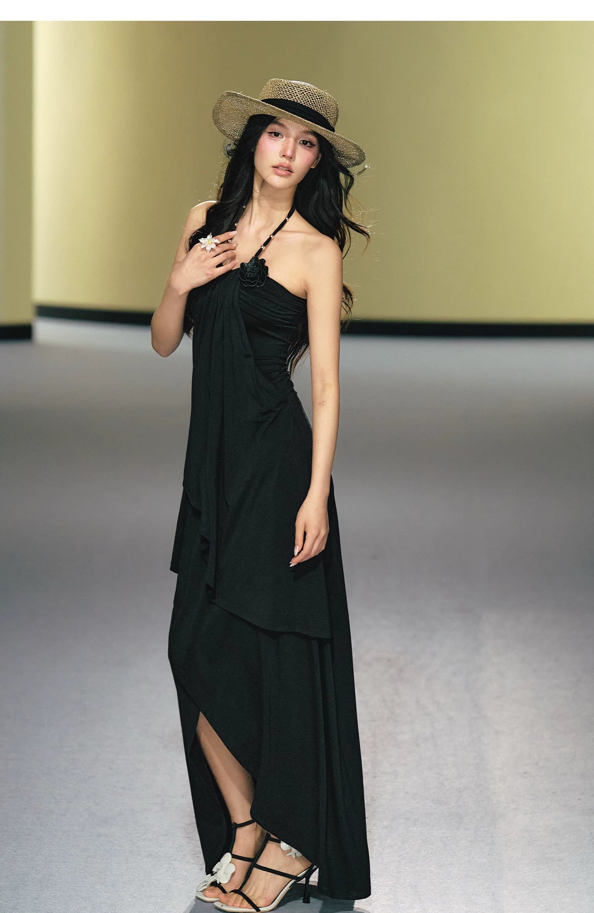 "Moonlit Reverie" Halter Layered Maxi Dress (Black/ Blush Pink)