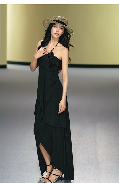 "Moonlit Reverie" Halter Layered Maxi Dress (Black/ Blush Pink)