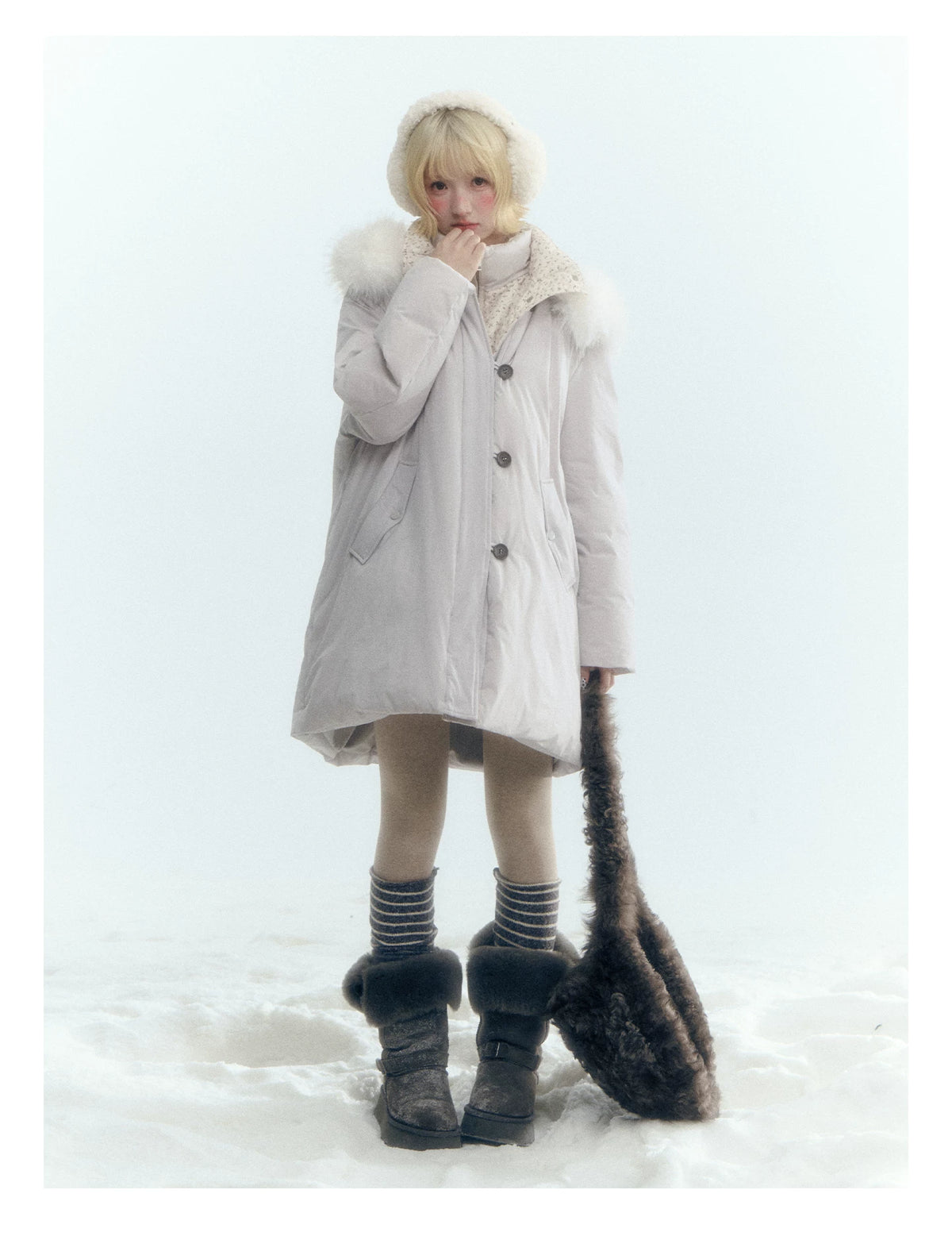 Horridale - Snow-Dusted Floral 90% White Duck Down Puffer Jacket (Light Peach Pink / Silver Gray)