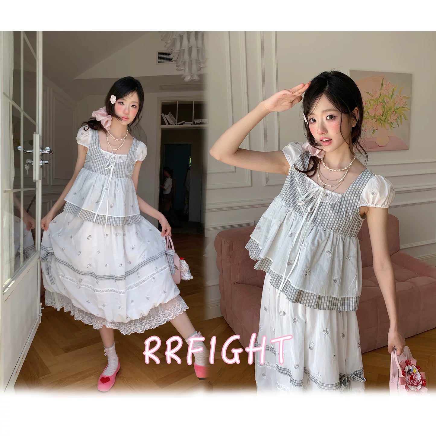 “Misty Isle White Tea” Grey White Polka Dot Skirt Set
