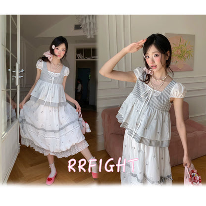 “Misty Isle White Tea” Grey White Polka Dot Skirt Set