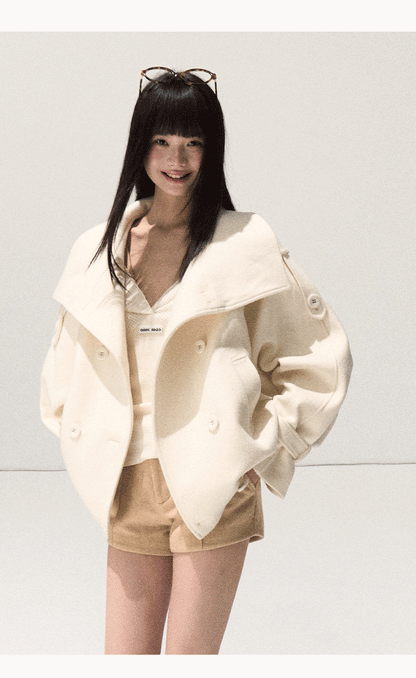 OAKMOO/ Sand Beige Wool Stand-Collar Short Coat