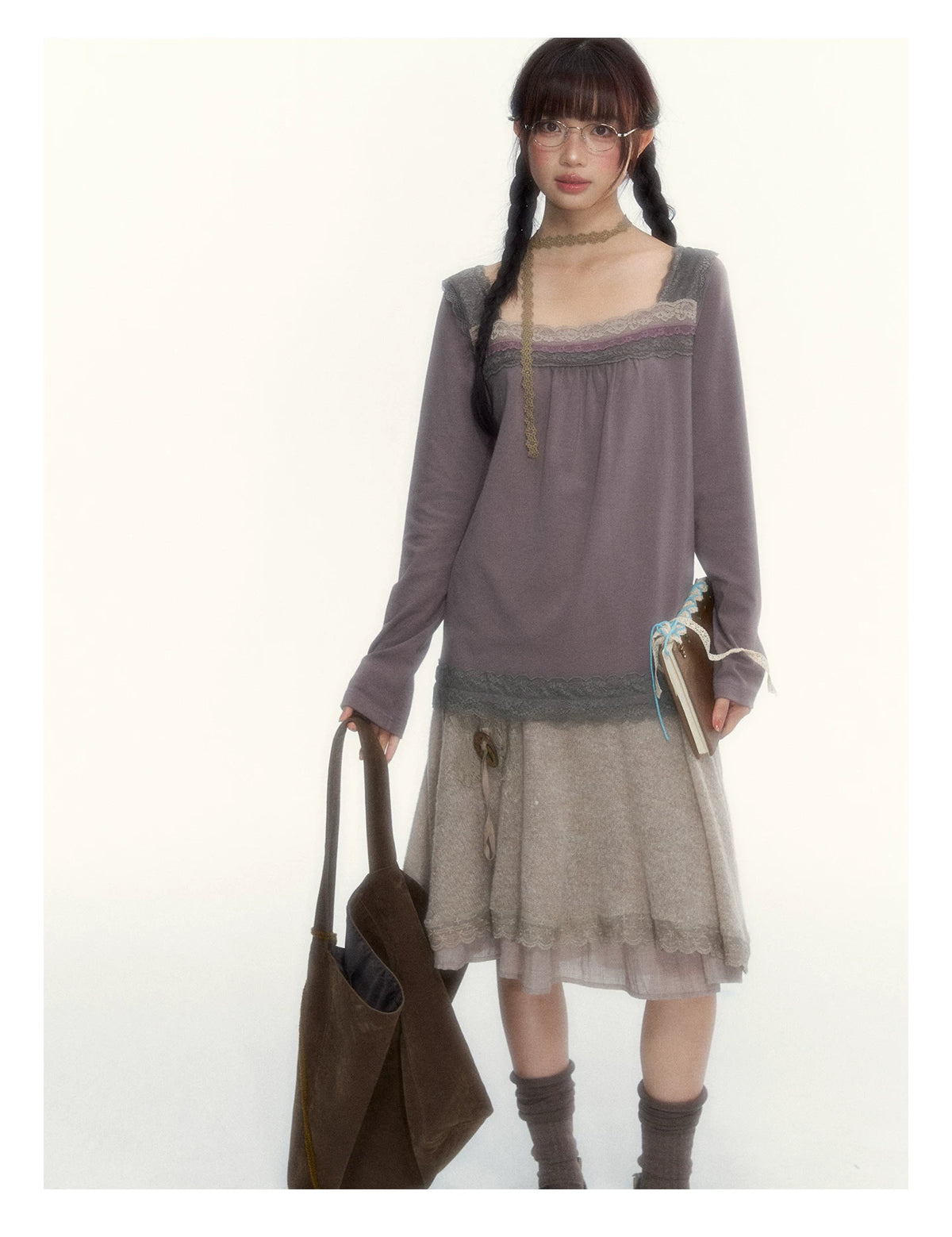 Milk Coffee Vintage Lace Knit A-Line Skirt