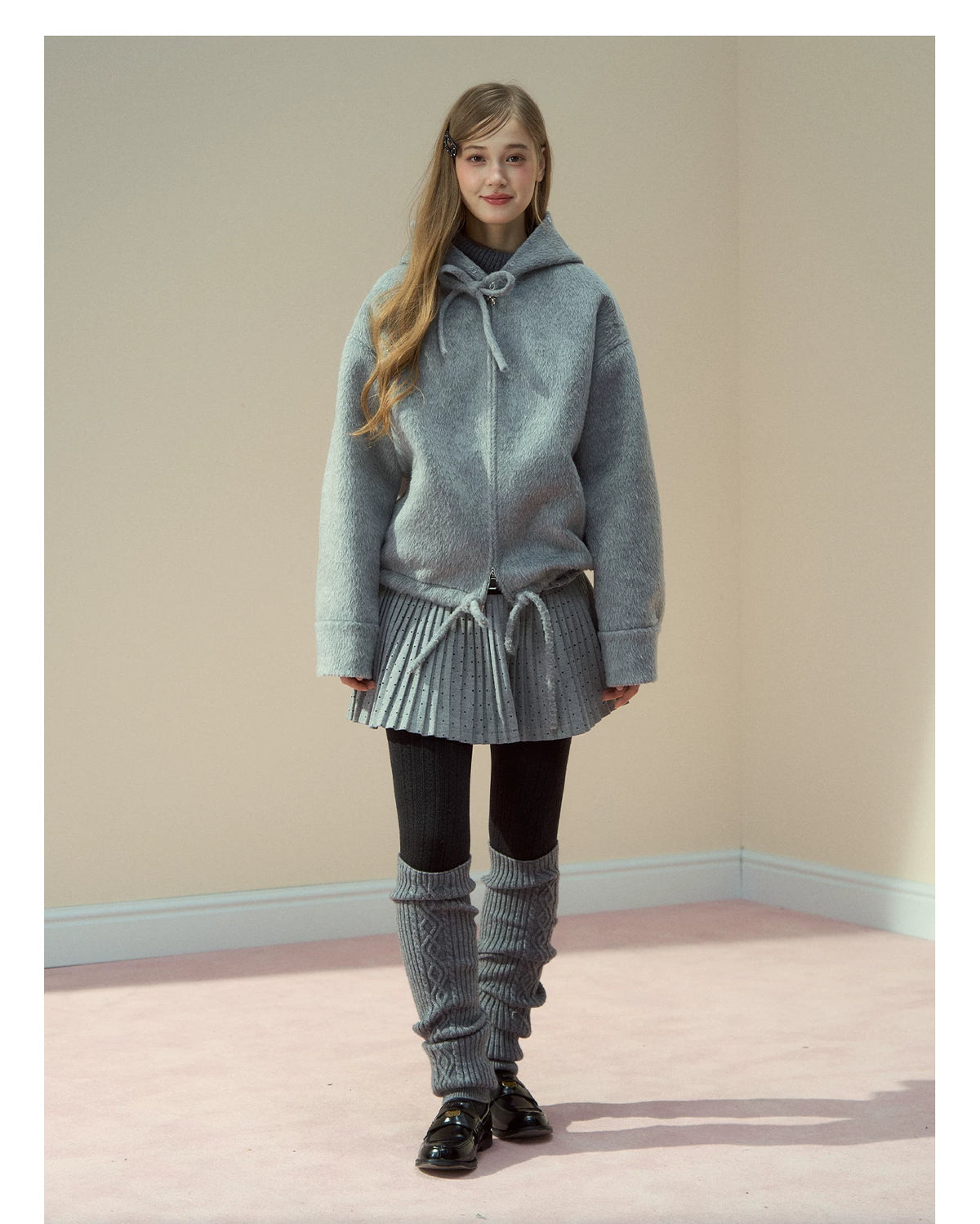 SunsetPark - "Warm Winter Days" Faux Fur Collar Wool-Blend Top Coat (Gray / Pink)