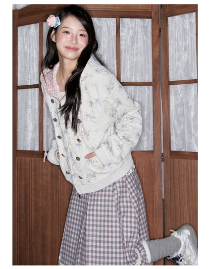[RF] Vintage Floral Waffle Knit Hoodie Cardigan with Gingham Lining