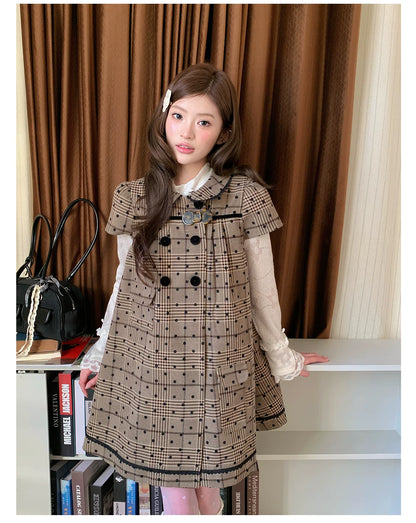 “Hazel Rococo Reverie” Khaki Plaid Polka Dot Dress
