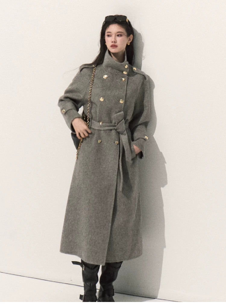 OAKMOO/ Pure Wool Belted Double-Faced Stand Collar Coat (Silver Blue / Flint Gray)