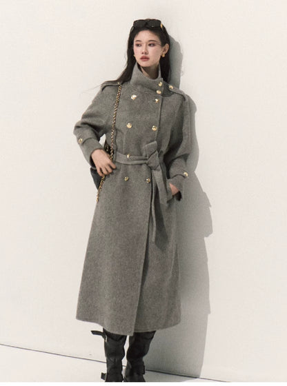 OAKMOO/ Pure Wool Belted Double-Faced Stand Collar Coat (Silver Blue / Flint Gray)