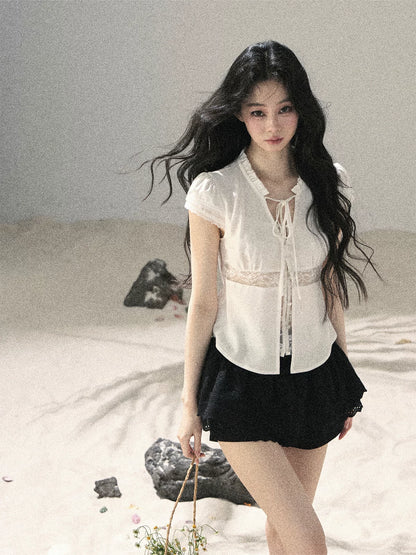 "Lace Between the Lines" Frost White Faux-Layer Cropped Shirt