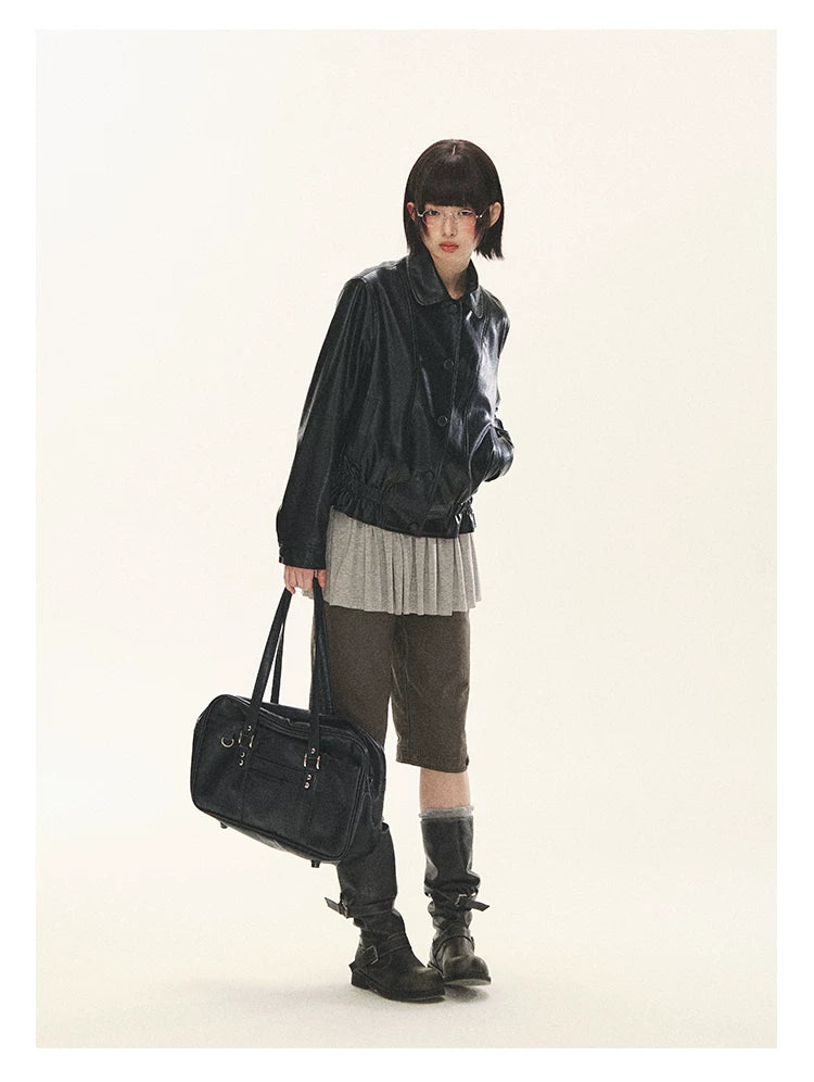 "Venus Gallery" Black Ruffle Collar Cropped Faux Leather Jacket