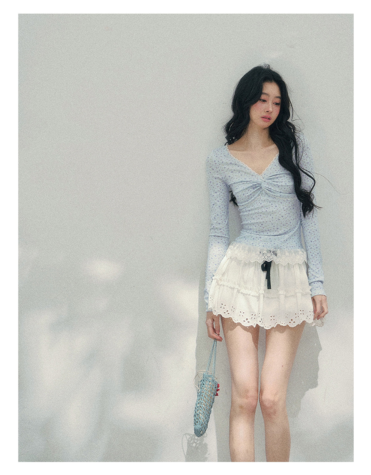 少也眼 "Heartbeat Pause" Baby Blue Back Lace Cut-Out Top 53685634