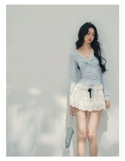 少也眼 "Heartbeat Pause" Baby Blue Back Lace Cut-Out Top 53685634