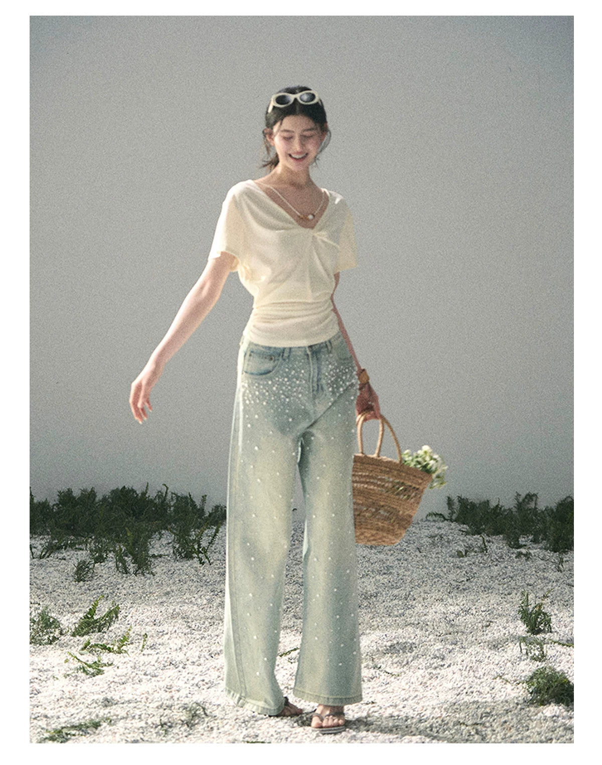 “White Between Breaths” Ivory Twist V-Neck Top