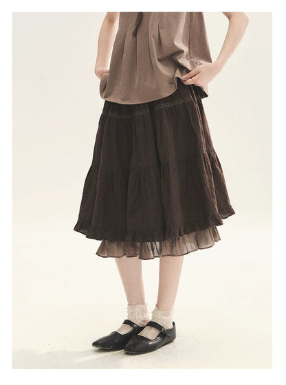 "Faded Bloom" Deep Brown Red Lace Trim Tiered A-Line Skirt
