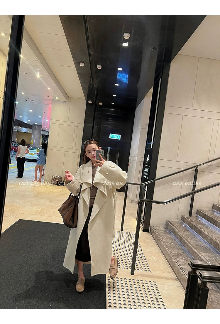 QuQuOuYang - 100% Wool Double-Face Belted Coat with Convertible Collar