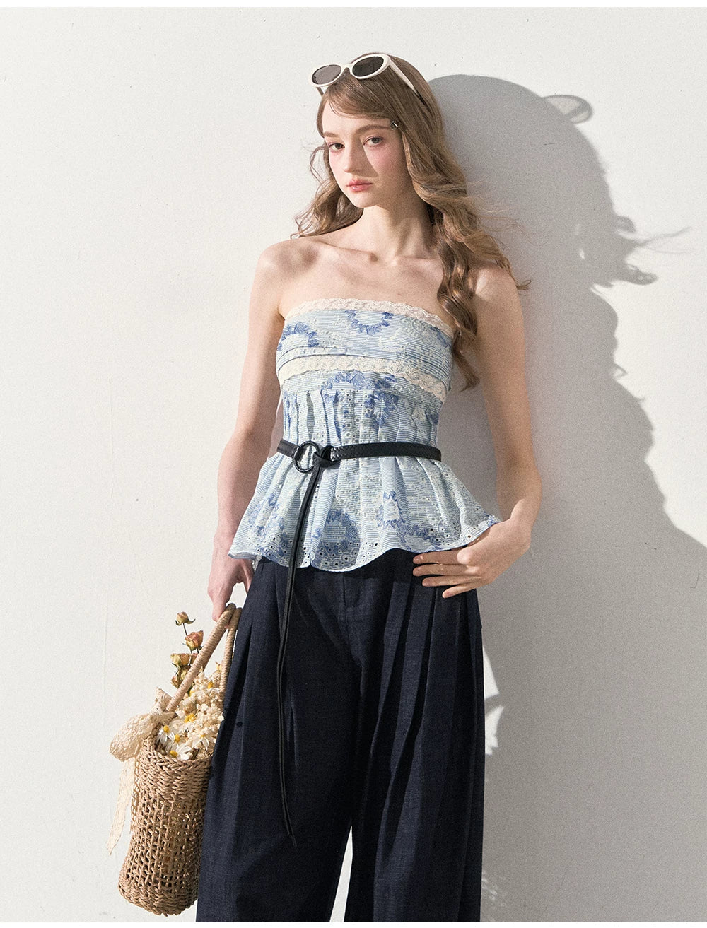 "Weekend Market" Blue Porcelain Peplum Tube Top