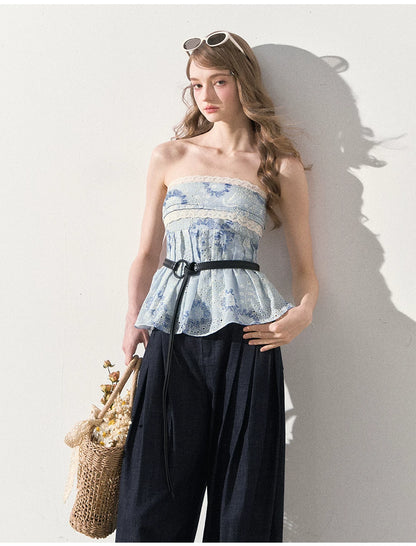 "Weekend Market" Blue Porcelain Peplum Tube Top