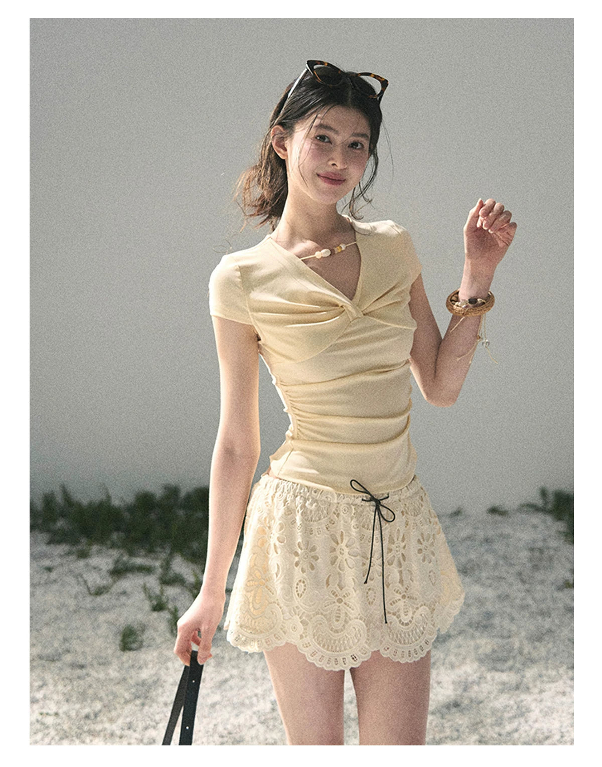 “Sheer Spring Whisper” Milkshake Yellow Twist V-Neck Top
