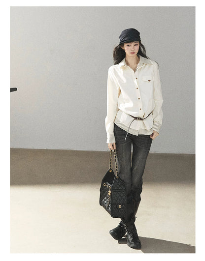 AOMALM - Cream White Stripe Belted Shirt Top