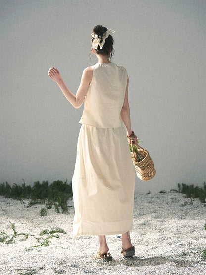 “Ivory Pleated Verse” Soft White Asymmetrical Twist Top & Skirt