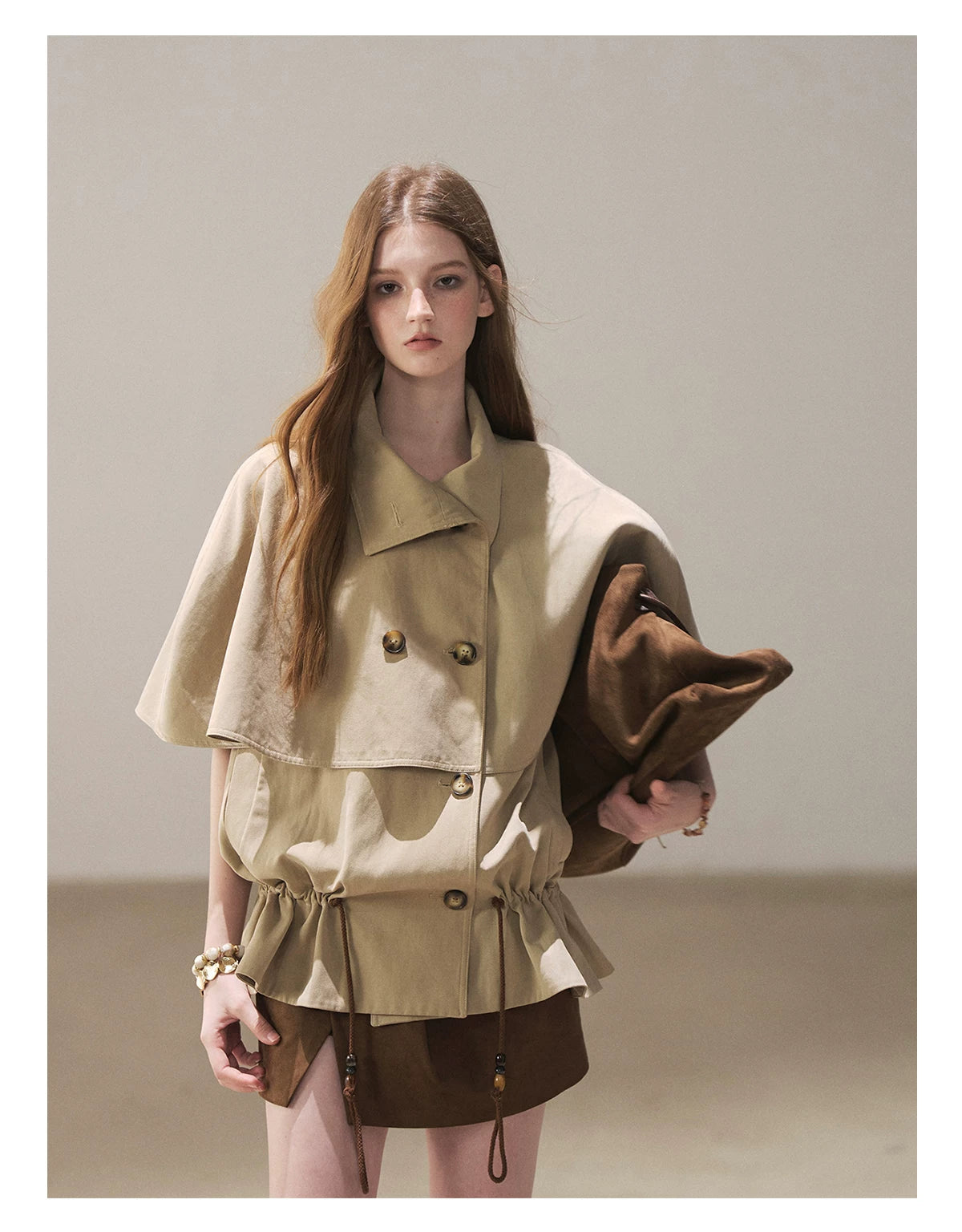 AOMALM - "Through the Oak Grove" Almond Taupe Cape Coat with Drawstring