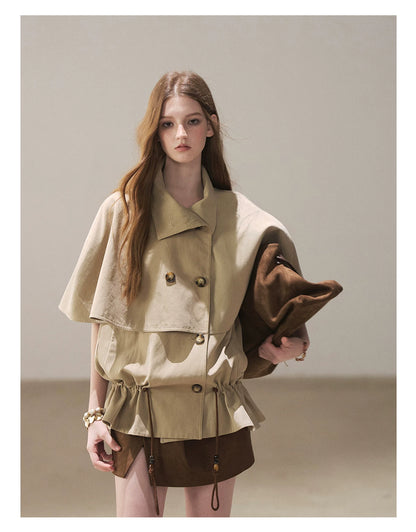 AOMALM - "Through the Oak Grove" Almond Taupe Cape Coat with Drawstring