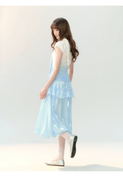 "Koi Garden Letter" White & Blue Goldfish Print Two-Piece Skirt Set LL2026220
