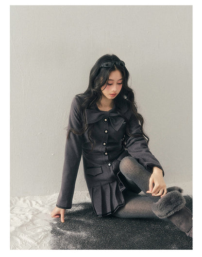 少也眼 “Delicia” Gray Preppy Bow Pleated Dress