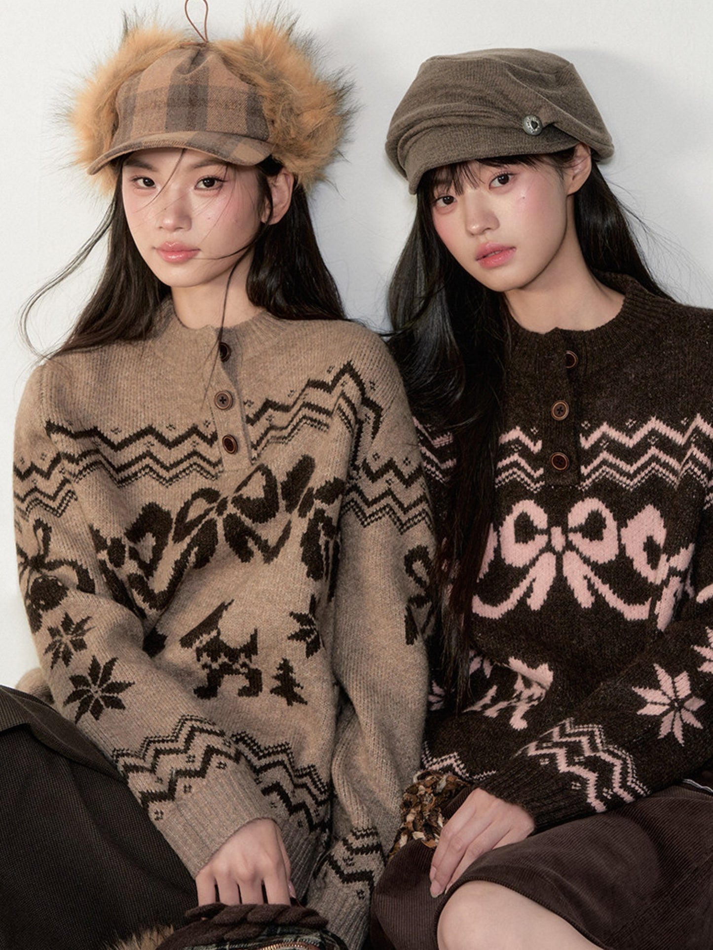 Soote Season - Fair Isle Cinnamon Bow Henley Knit Sweater