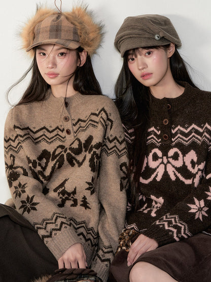 Soote Season - Fair Isle Cinnamon Bow Henley Knit Sweater