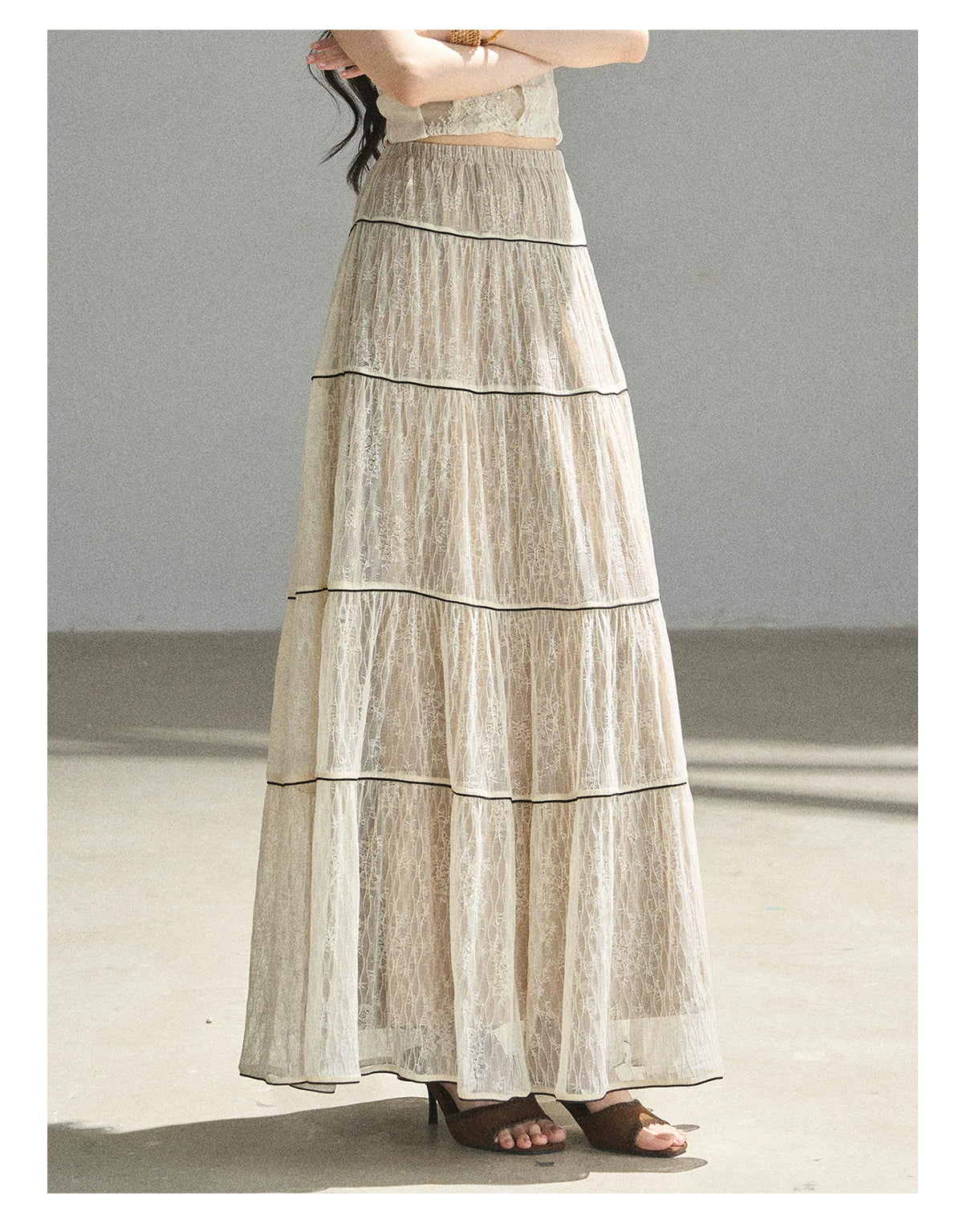 "Mist Through the Woods" Creamy Apricot White Lace Maxi A-Line Skirt