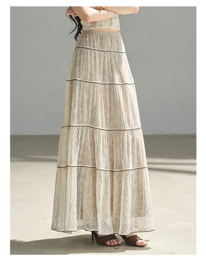 "Mist Through the Woods" Creamy Apricot White Lace Maxi A-Line Skirt