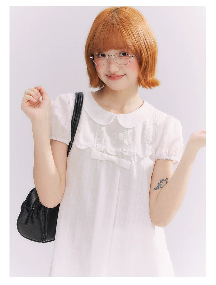 “Lace Sleep Song” White Embroidered Puff Sleeve Babydoll Dress