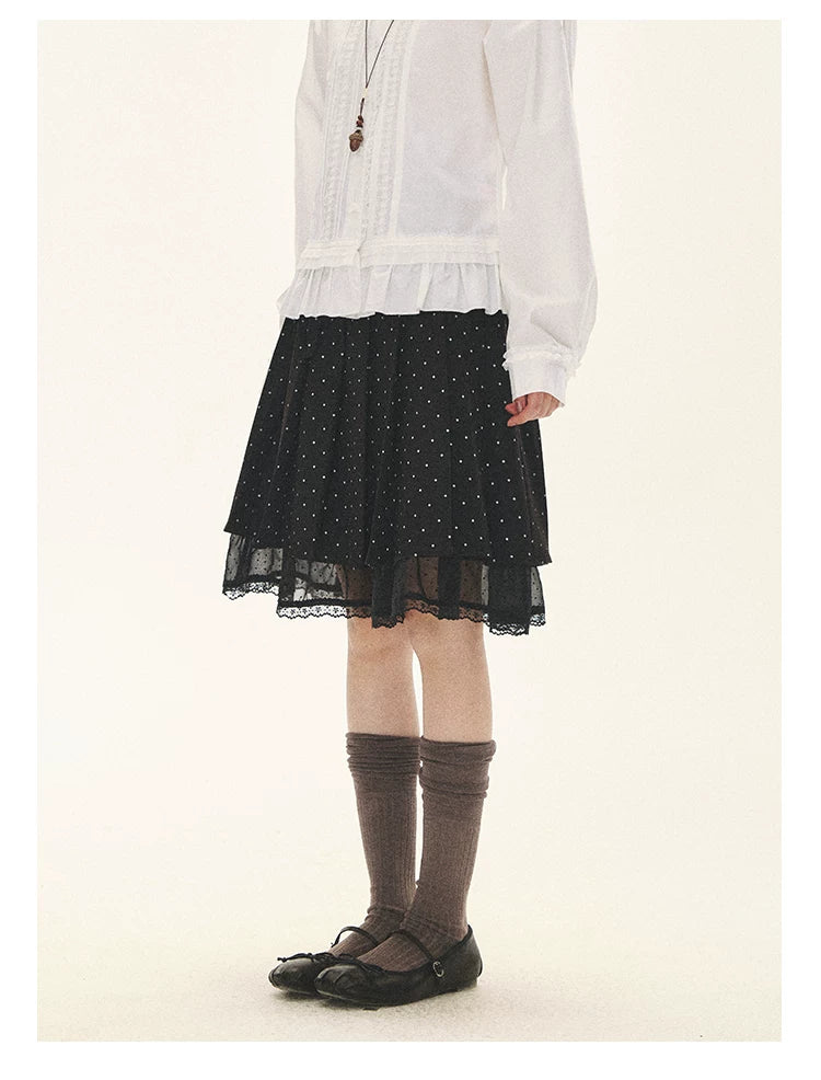 "Polka Reverie" Black Polka Dot Bow Pleated Mini Skirt