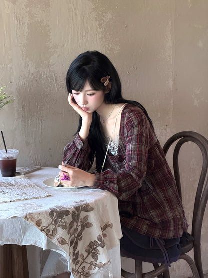 "Sage Whisper" Layered Vintage Collection (Plaid Shirt / Lace Cami / High-Waist Skirt)