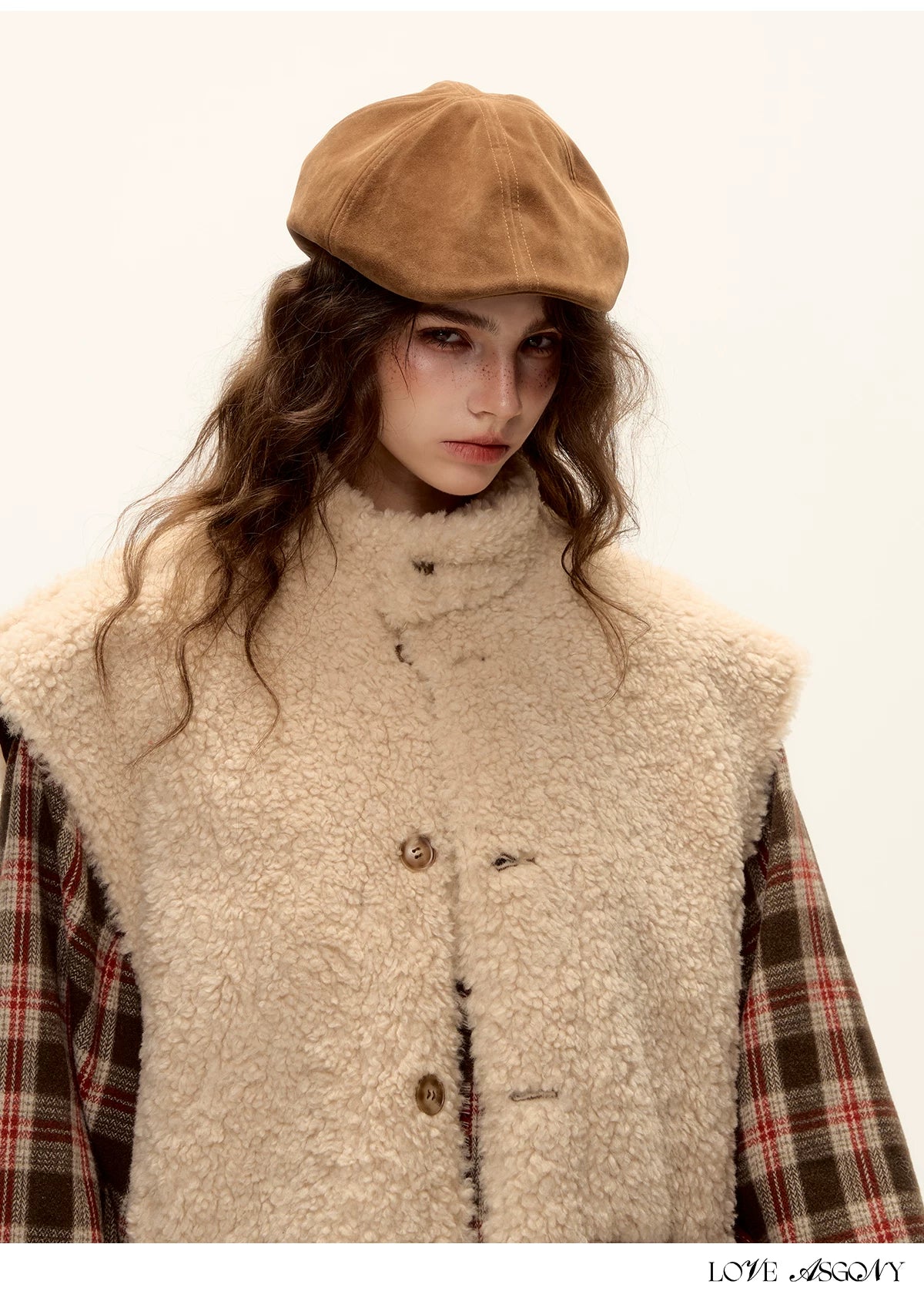 ASGONY - Brown Reversible Suede Faux Shearling Drawstring Vest