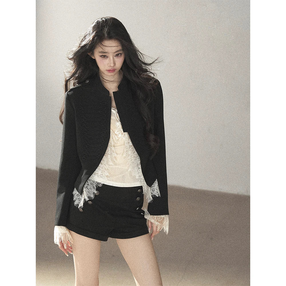 AOMALM - Black Lace Trim Cropped Jacket & Shorts Set