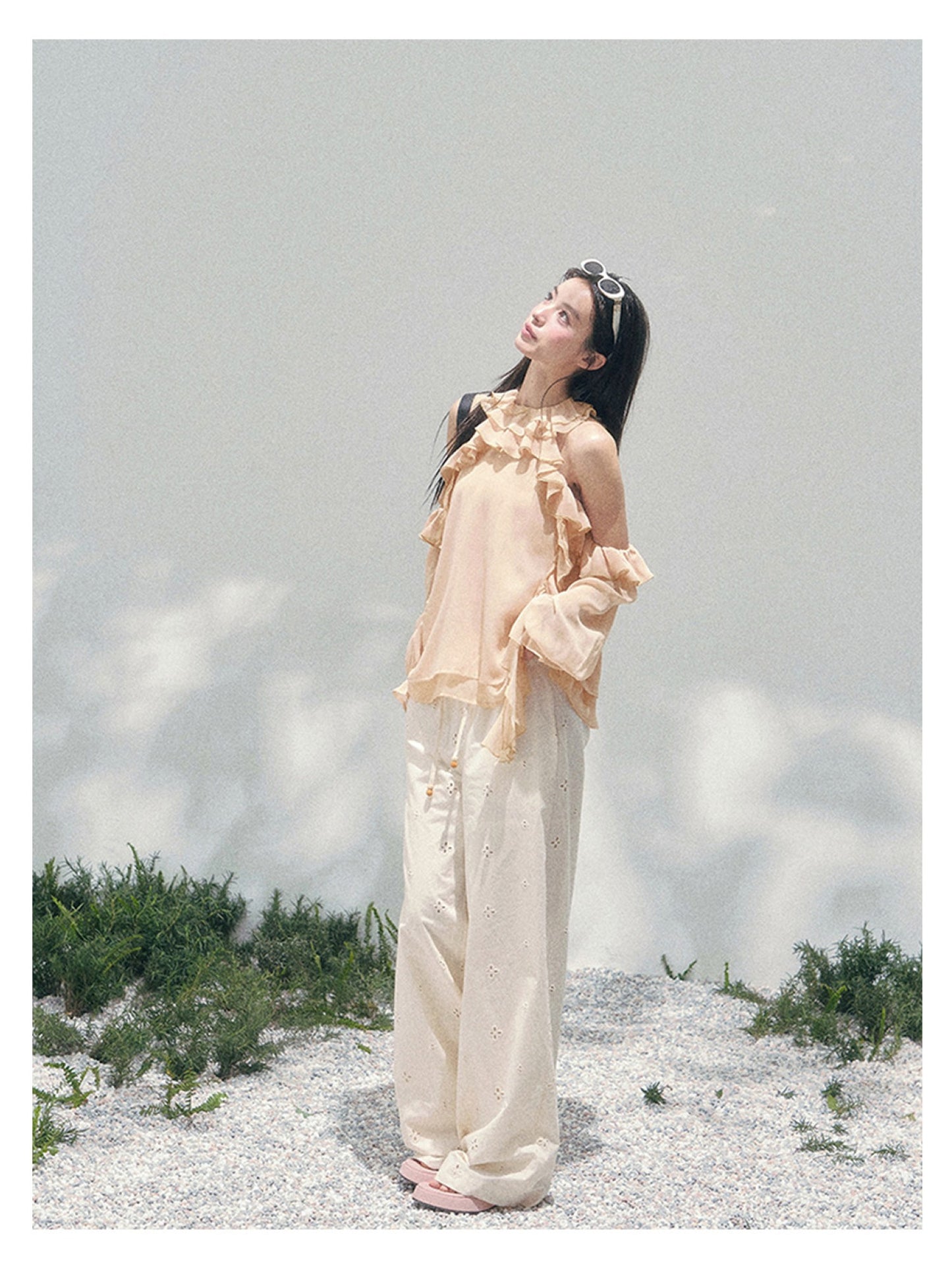 少也眼 “Heidi Heiress” Light Sand Sheer Ruffle Top 142