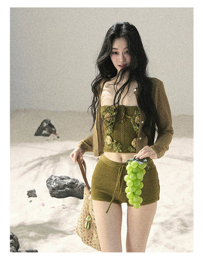 "Forest After Rain" Misty Meadow Haze 3-Piece Cardigan & Shorts Set 45236485
