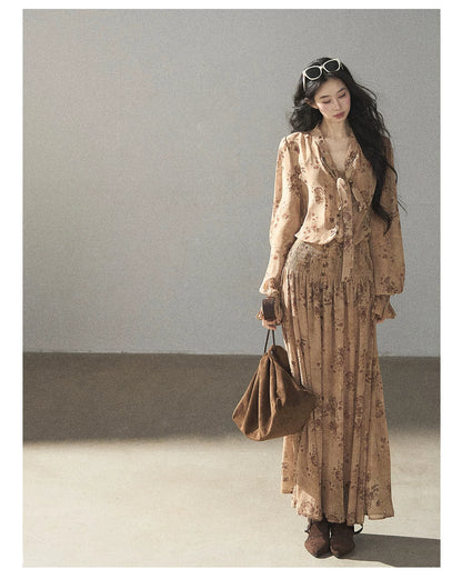 AOMALM - Oatmeal Rose-Print Chiffon Layered Maxi Dress Set