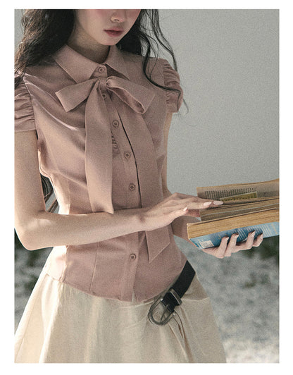 “Blush Confession” Ballet Pink Bow Puff Sleeve Blouse