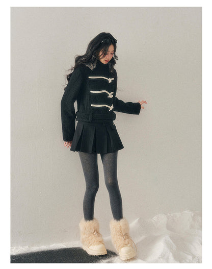 少也眼 "Silent Devotion" Quilted Fringe Wool Coat - Quiet Black