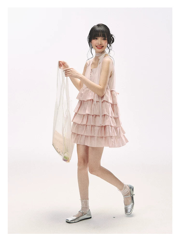 "Misty Pink Reverie" Petal Pink Lace Tie Tiered Sleeveless Dress