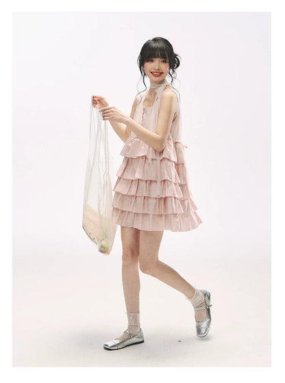 "Misty Pink Reverie" Petal Pink Lace Tie Tiered Sleeveless Dress